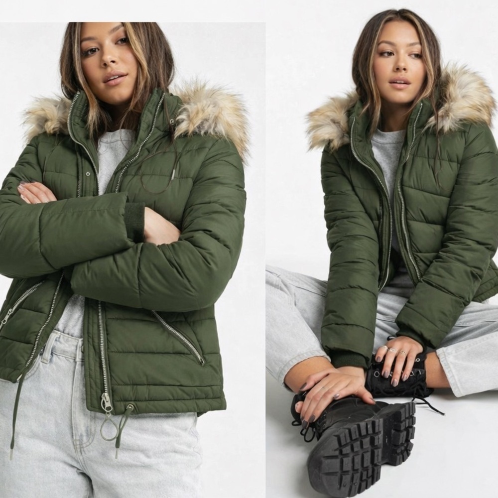 Topshop Fur Lined Puffer Coat Hood Winter Ski Jacket Womens Size Small Green - Picture 1 of 13
